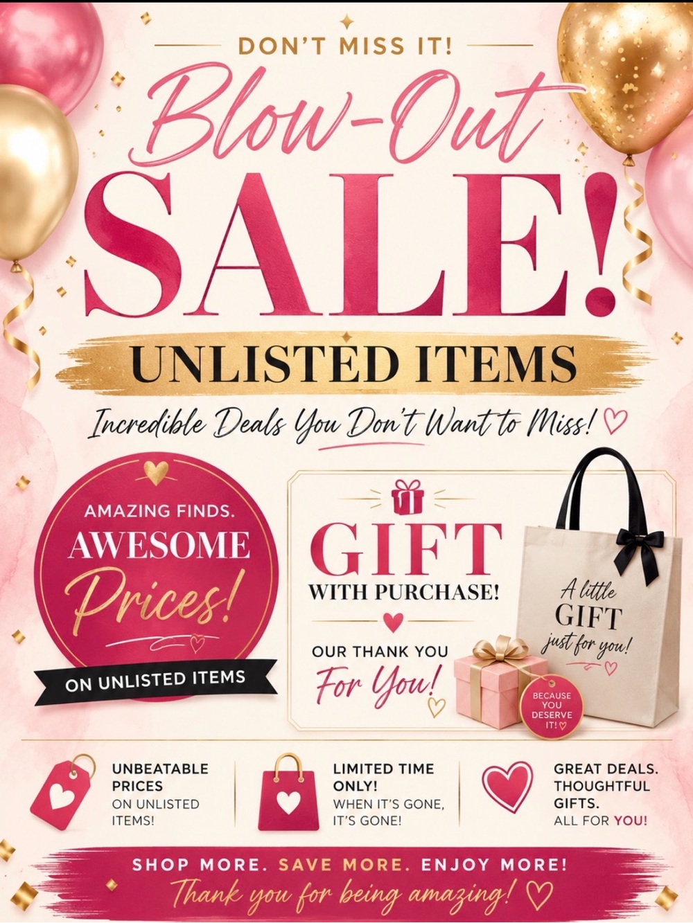 Blow-Out Sale Pink and Gold Party Poster - Promotional Gift Display